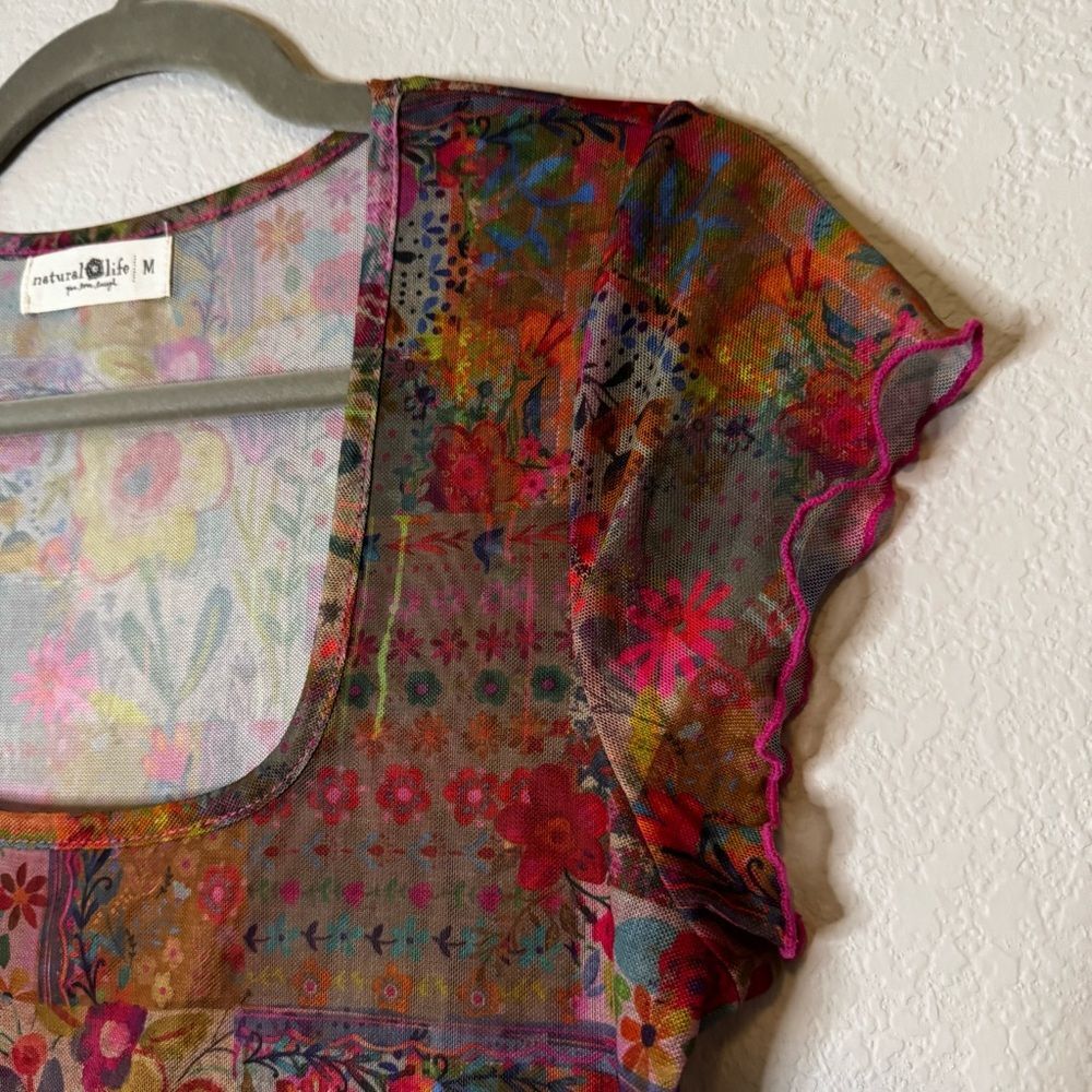NATURAL LIFE Devon Mesh Short Sleeve Top Pink Floral Patchwork Size Medium - Picture 4 of 8
